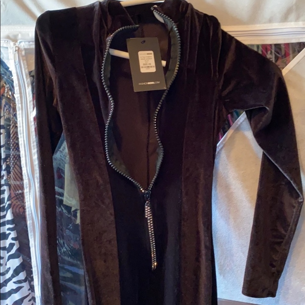 Fashion Nova Black rhinestone zip up velvet onsie